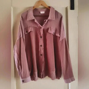 Pink Lily Women's Dusty Rose Button-Up Shirt | Long Sleeve | Waffle Knit | XL